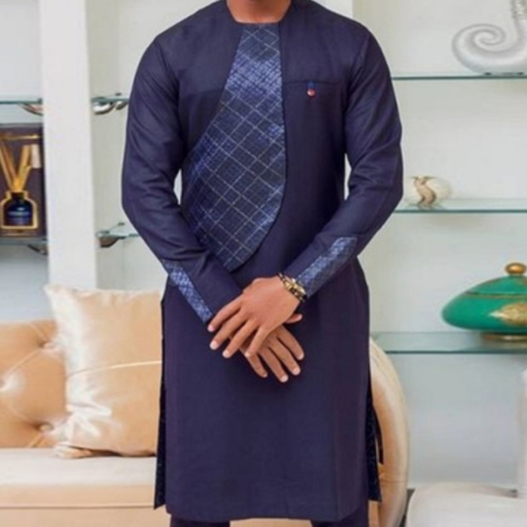 Men's Long Sleeve African Printed Dashiki - Navy - Picture 1 of 6